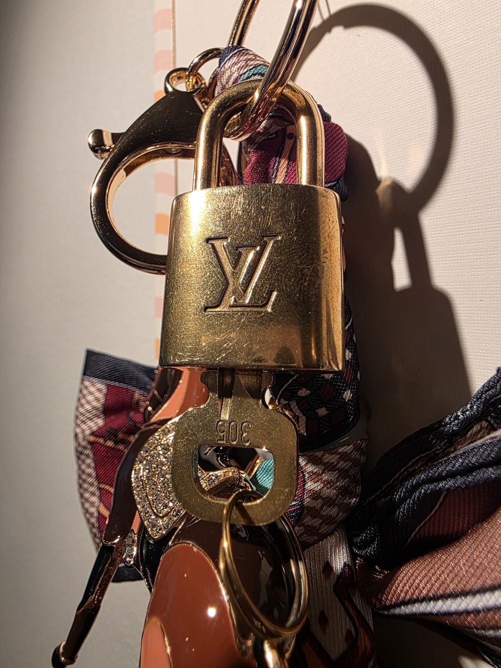Louis Vuitton Gold Padlock Key Charm with Multicolor Scarf and Handpainted Horse